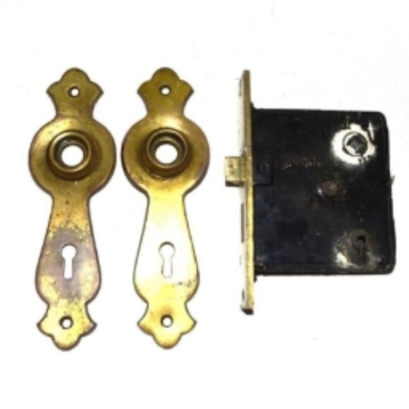 Antique Russwin Door Latch Assembly Brass Plates Architectual Salvage - Picture 1 of 4